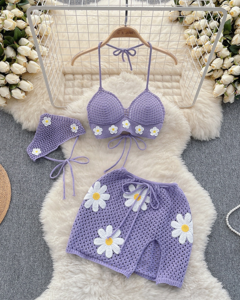 Ensemble de Plage Trois Pièces en Crochet