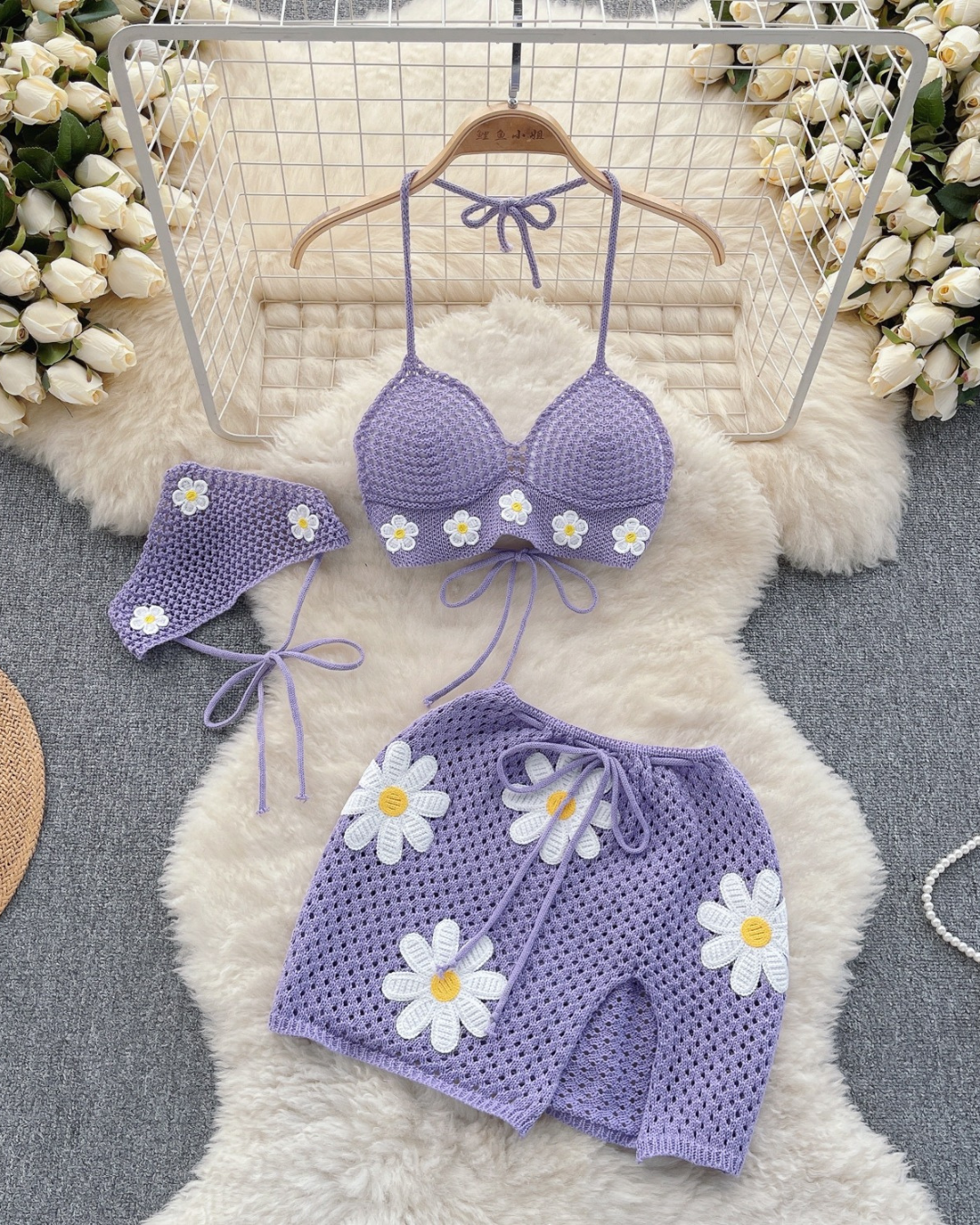 Ensemble de Plage Trois Pièces en Crochet