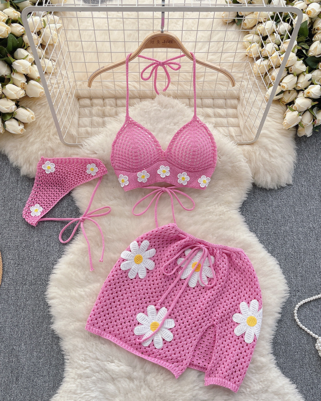 Ensemble de Plage Trois Pièces en Crochet