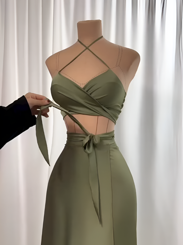 Robe Élégante Vert Olive à Bretelles Croisées